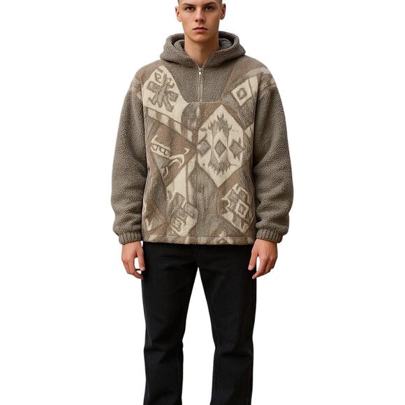 East West Sherpa Zip Jacket Size M Beige Gray Tribal Aztec Fleece Retro 90s - Picture 1 of 8